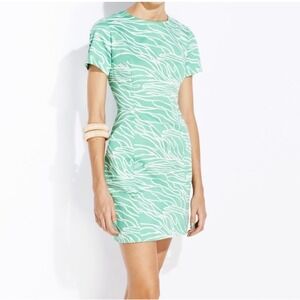 Anthropologie Whit SILK Short Sleeve Mini Dress Backless Green White Leaf sz 2‎